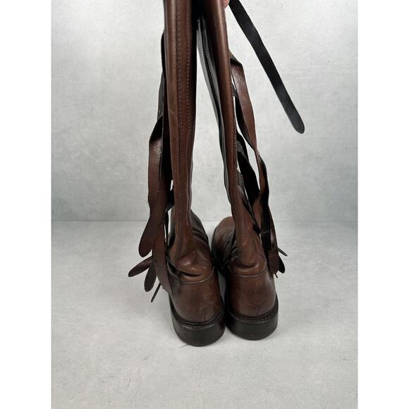 Frye Veronica Strap Boots 8 Brown Leather Fringe Knee Hight Moto buckle - Picture 5 of 13